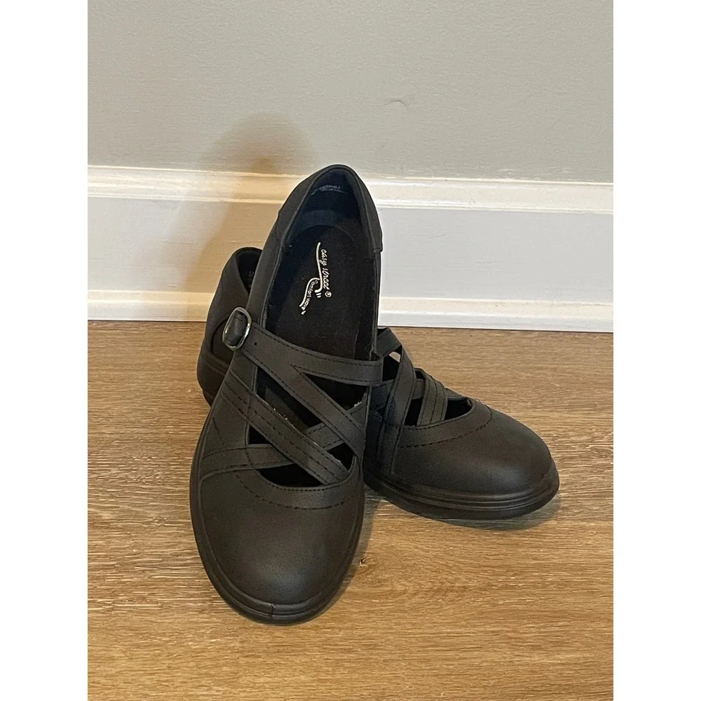 Easy Street Wise Black Mary Jane Strappy Buckle Flats Womens 6.5 M EUC‎
